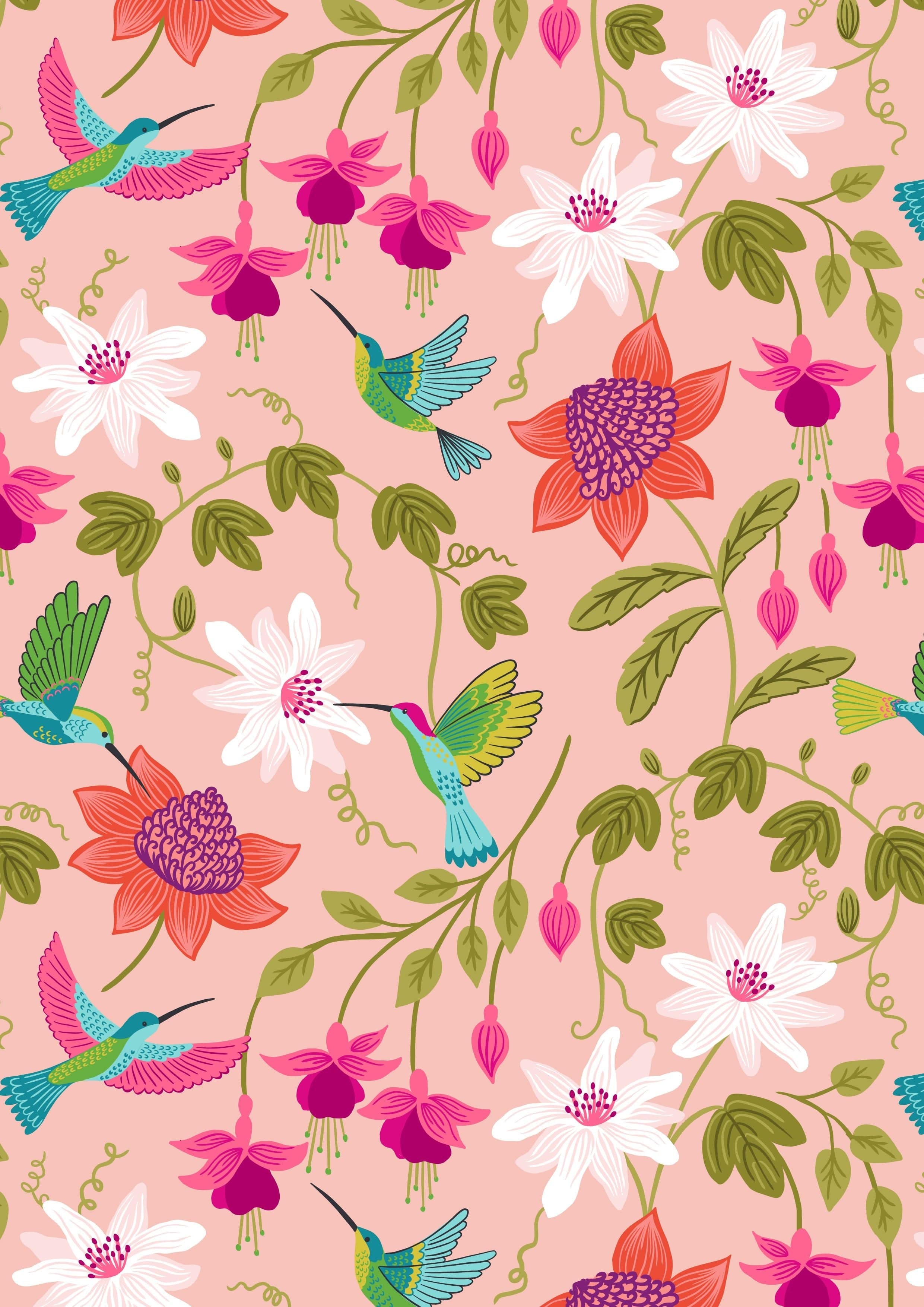 Fabric Daises on a cream cotton fabric 'Hibiscus Hummingbird'