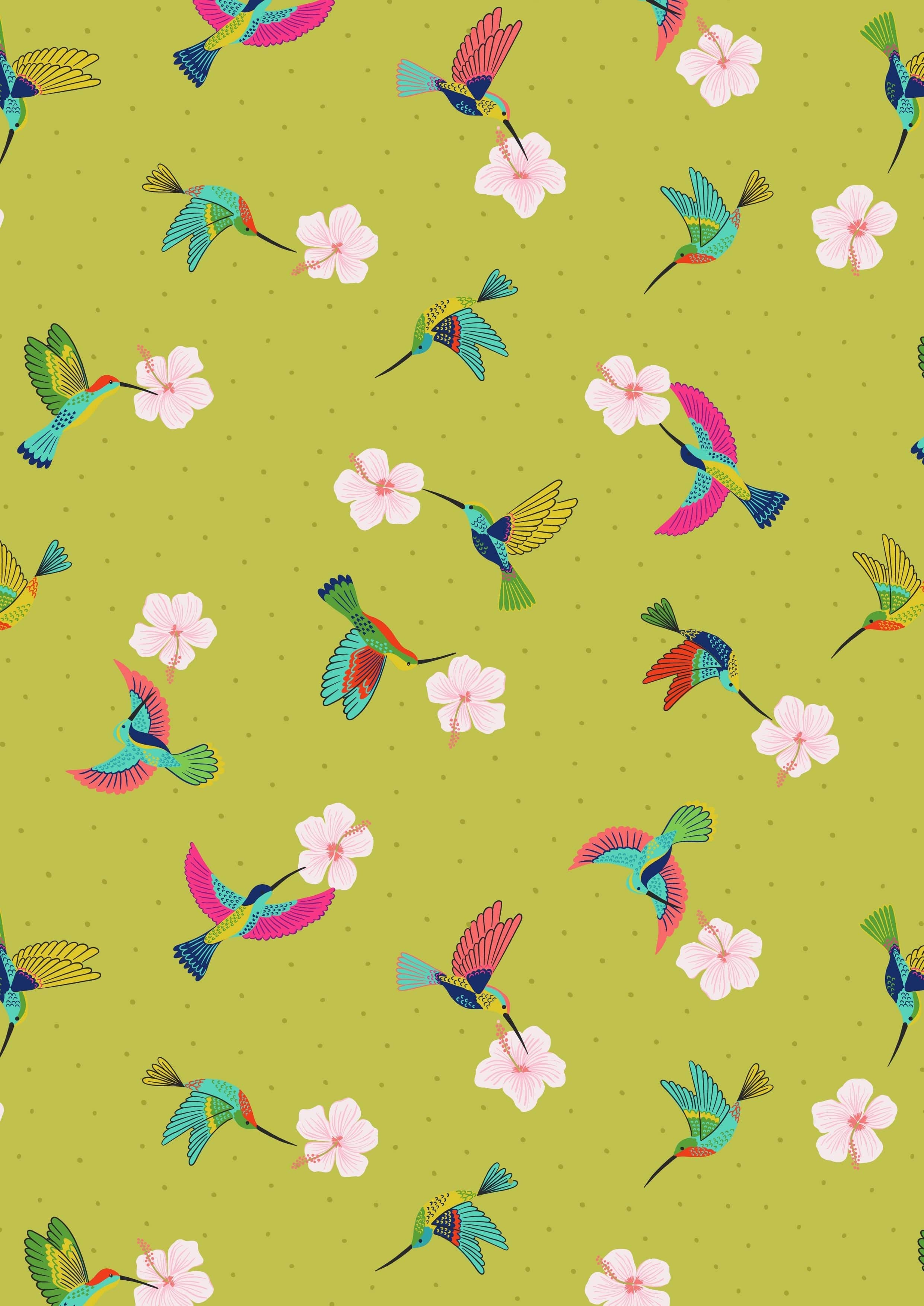 Fabric Daises on a cream cotton fabric 'Hibiscus Hummingbird'