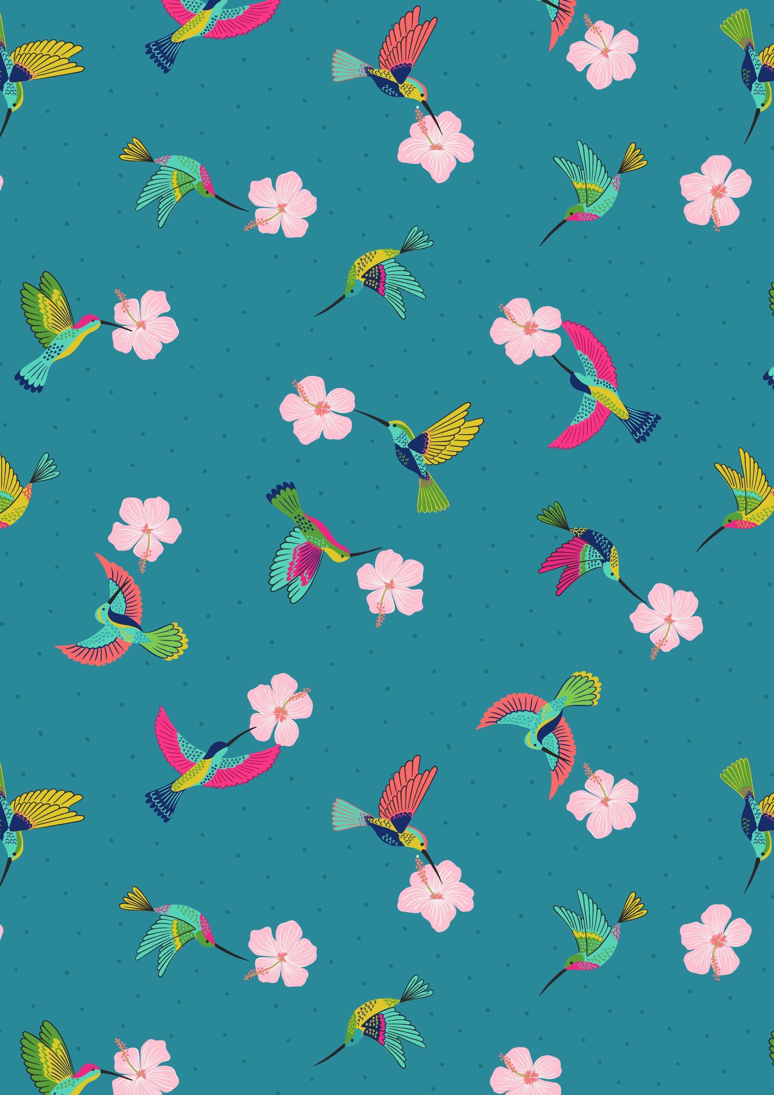 Fabric Daises on a cream cotton fabric 'Hibiscus Hummingbird'