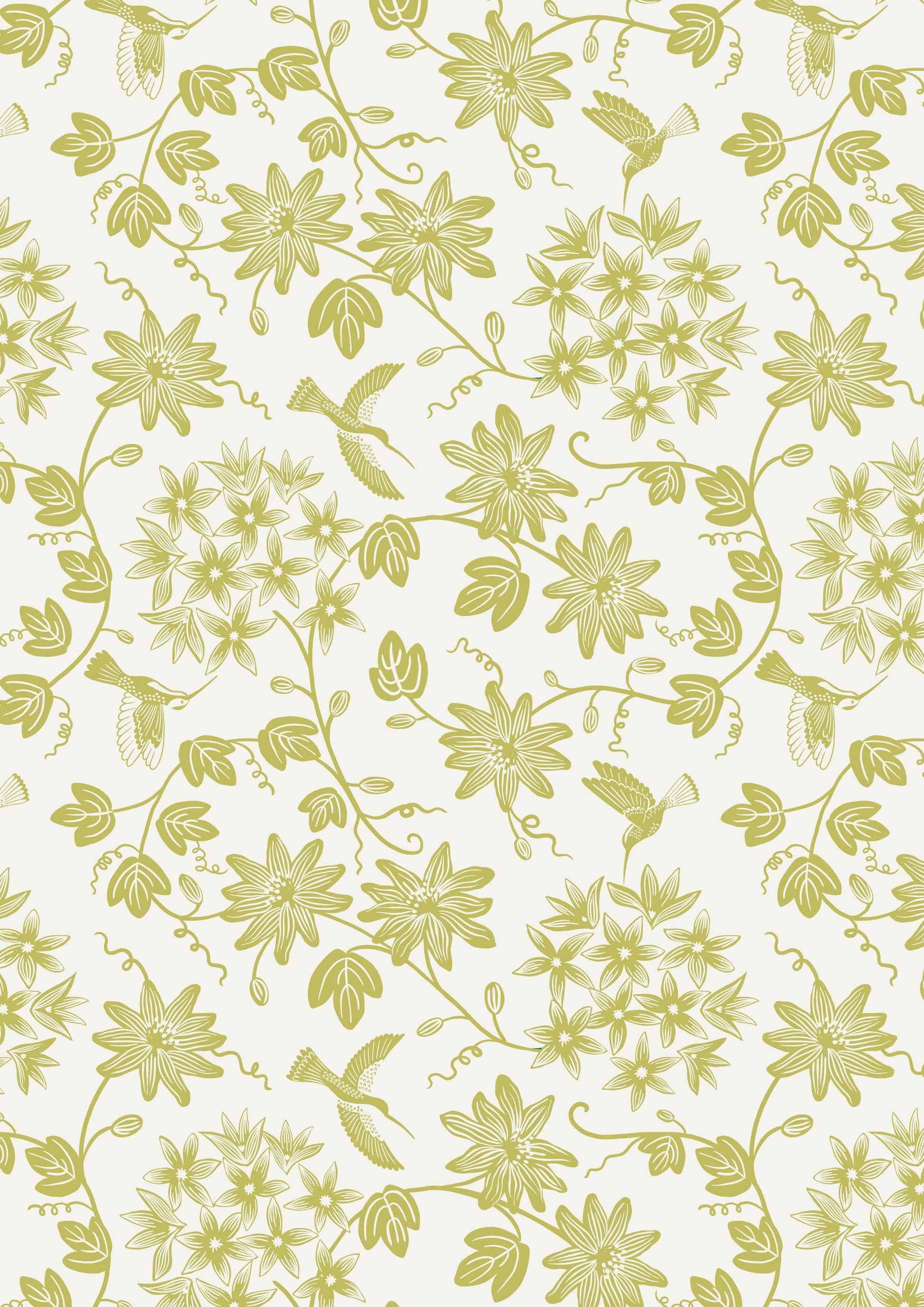 Fabric Daises on a cream cotton fabric 'Hibiscus Hummingbird'