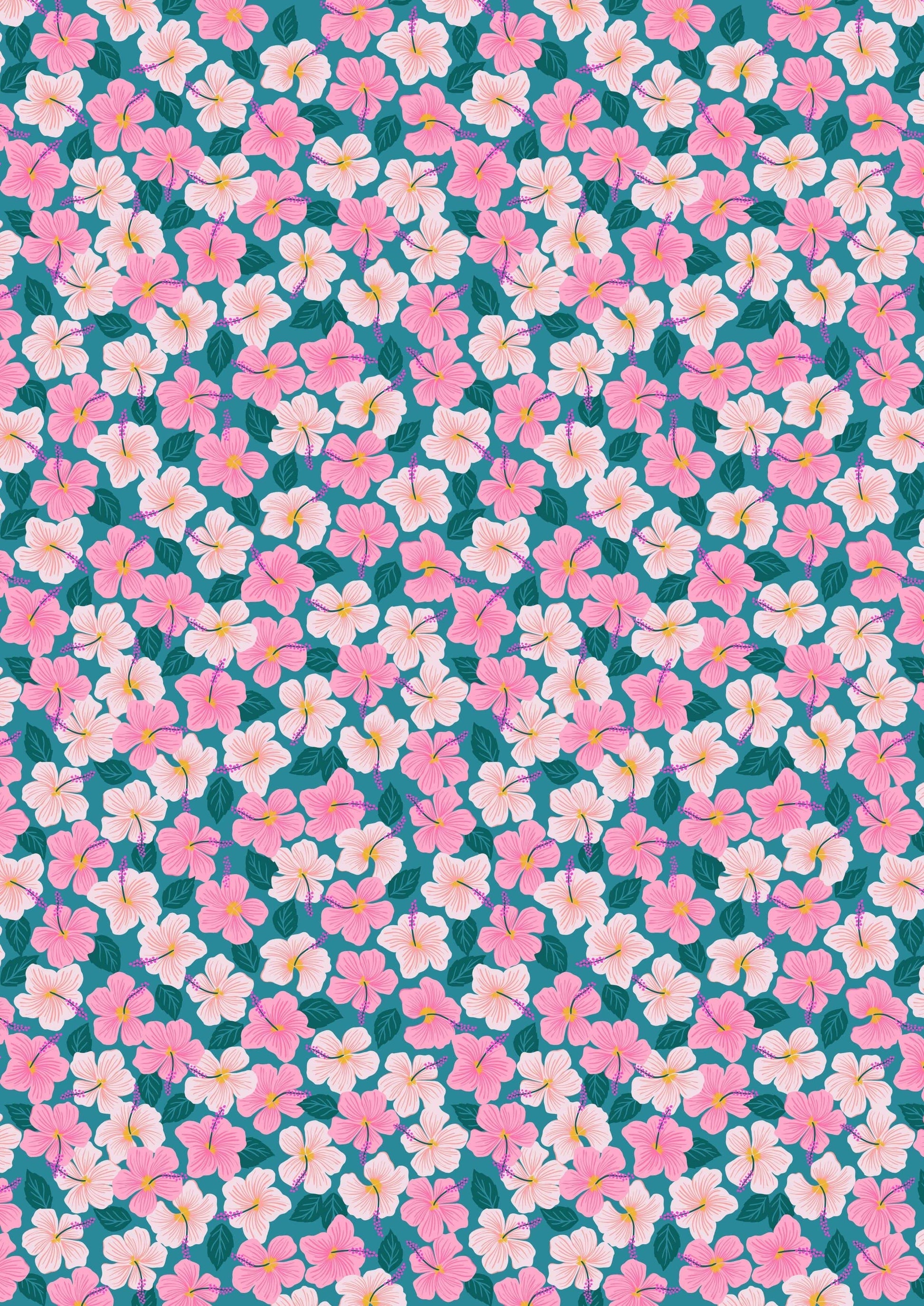 Fabric Daises on a cream cotton fabric 'Hibiscus Hummingbird'
