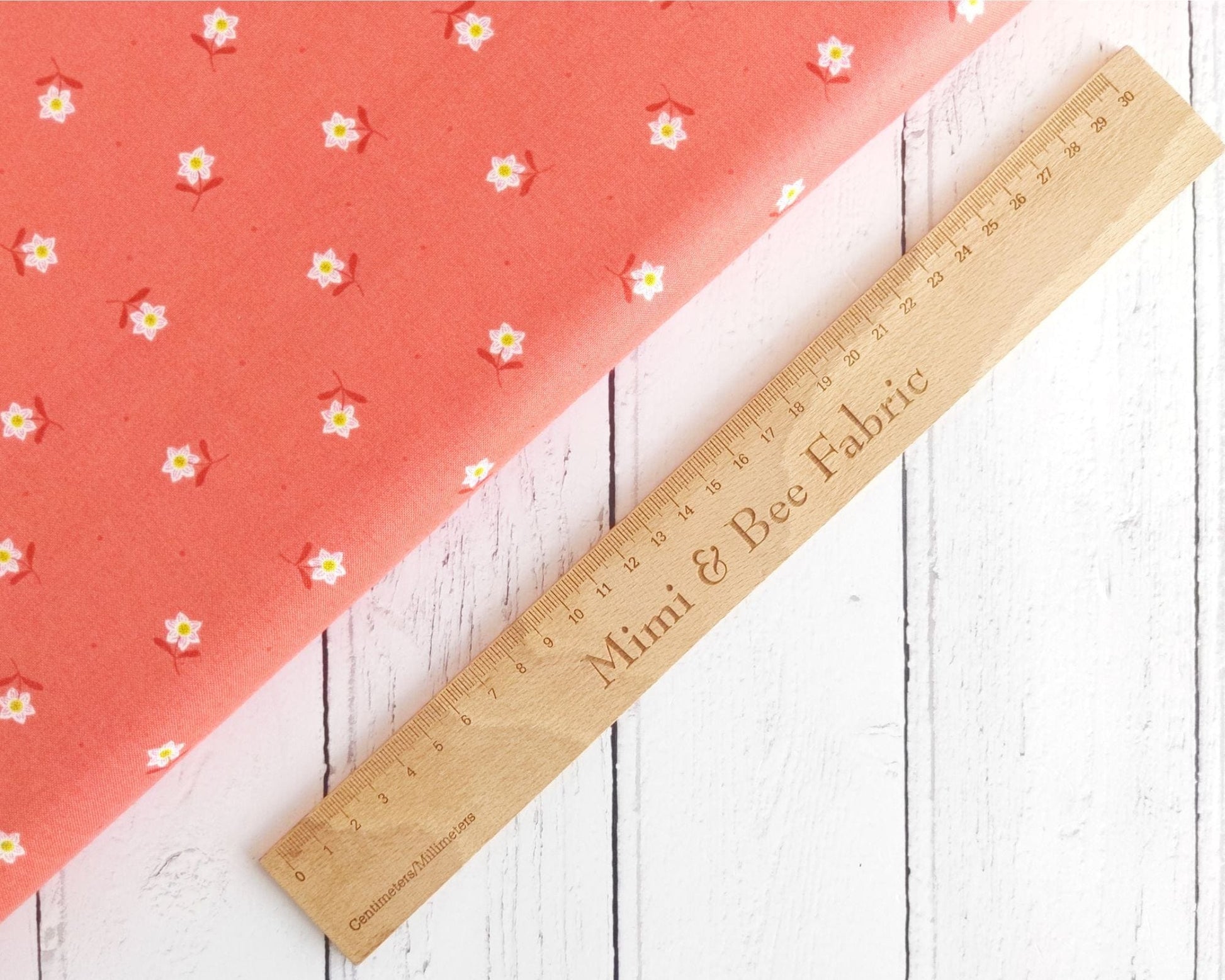 Fabric Daisies on coral fabric - 'Hibiscus Hummingbird' Lewis & Irene
