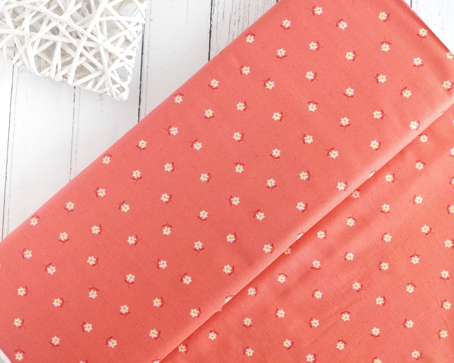 Fabric Daisies on coral fabric - 'Hibiscus Hummingbird' Lewis & Irene