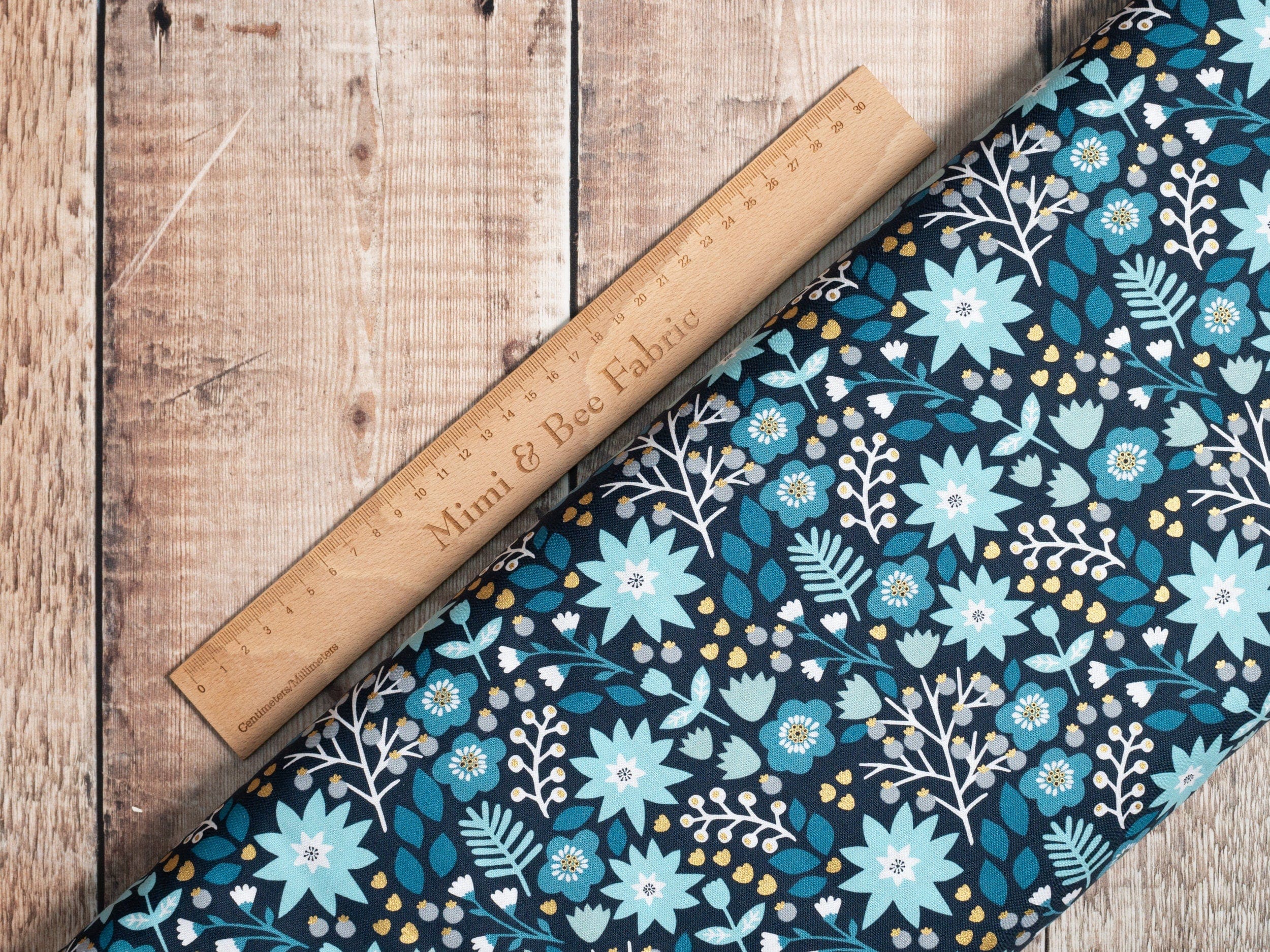 Fabric Doves on Bright Blue Gold elements scandi cotton fabric 'Starlit Hollow' - Dashwood Studio