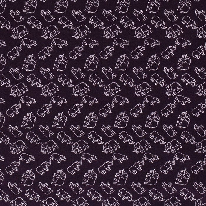 Fabric Elephants, rhinos and hippos on aubergine wide cotton fabric