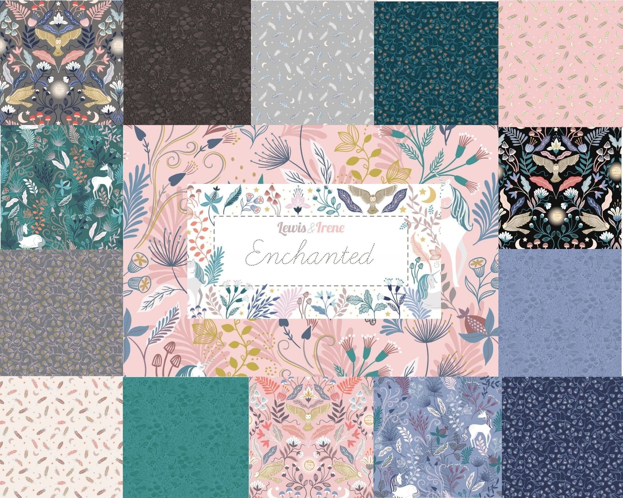 Fabric Enchanted pink flowers on grey with gold metallic - 'Enchanted' by Lewis & Irene