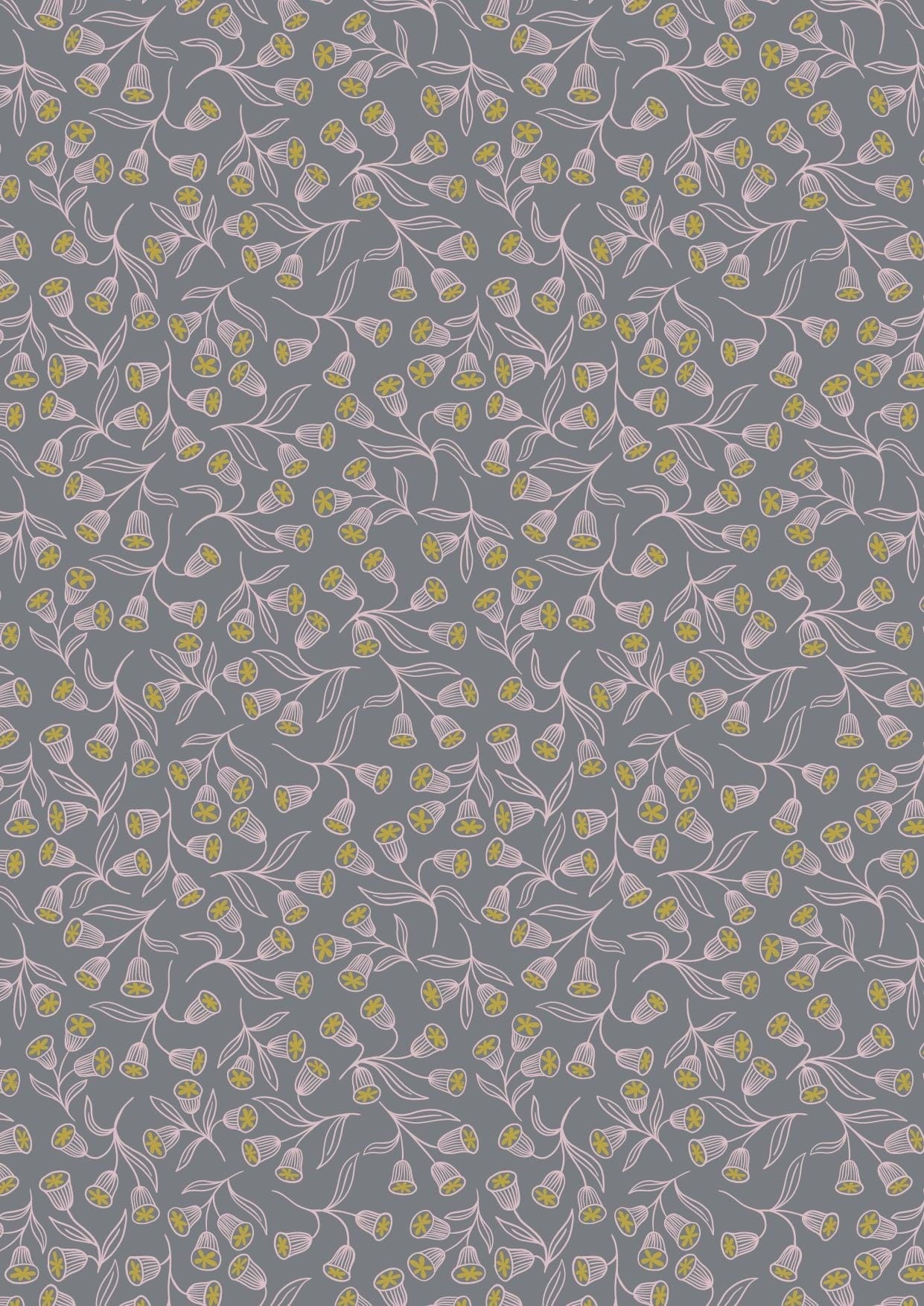 Fabric Enchanted pink flowers on grey with gold metallic - 'Enchanted' by Lewis & Irene