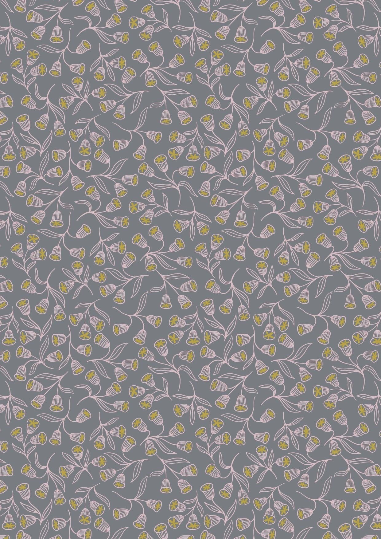 Fabric Enchanted pink flowers on grey with gold metallic - 'Enchanted' by Lewis & Irene
