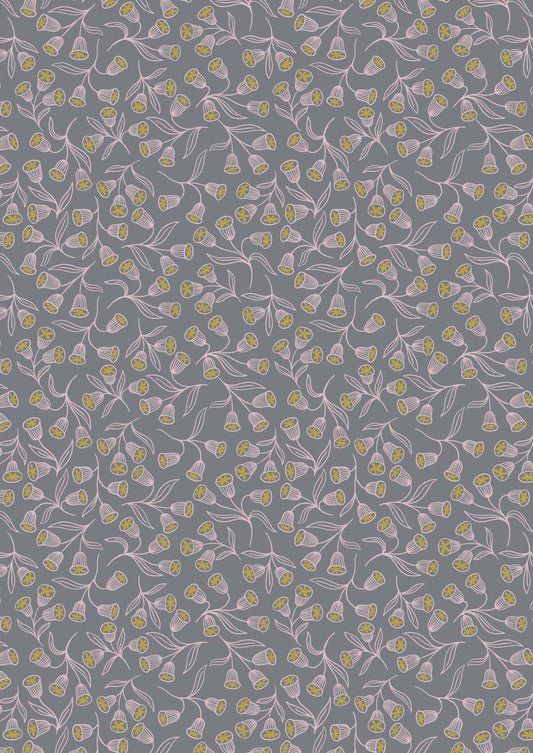 Fabric Enchanted pink flowers on grey with gold metallic - 'Enchanted' by Lewis & Irene