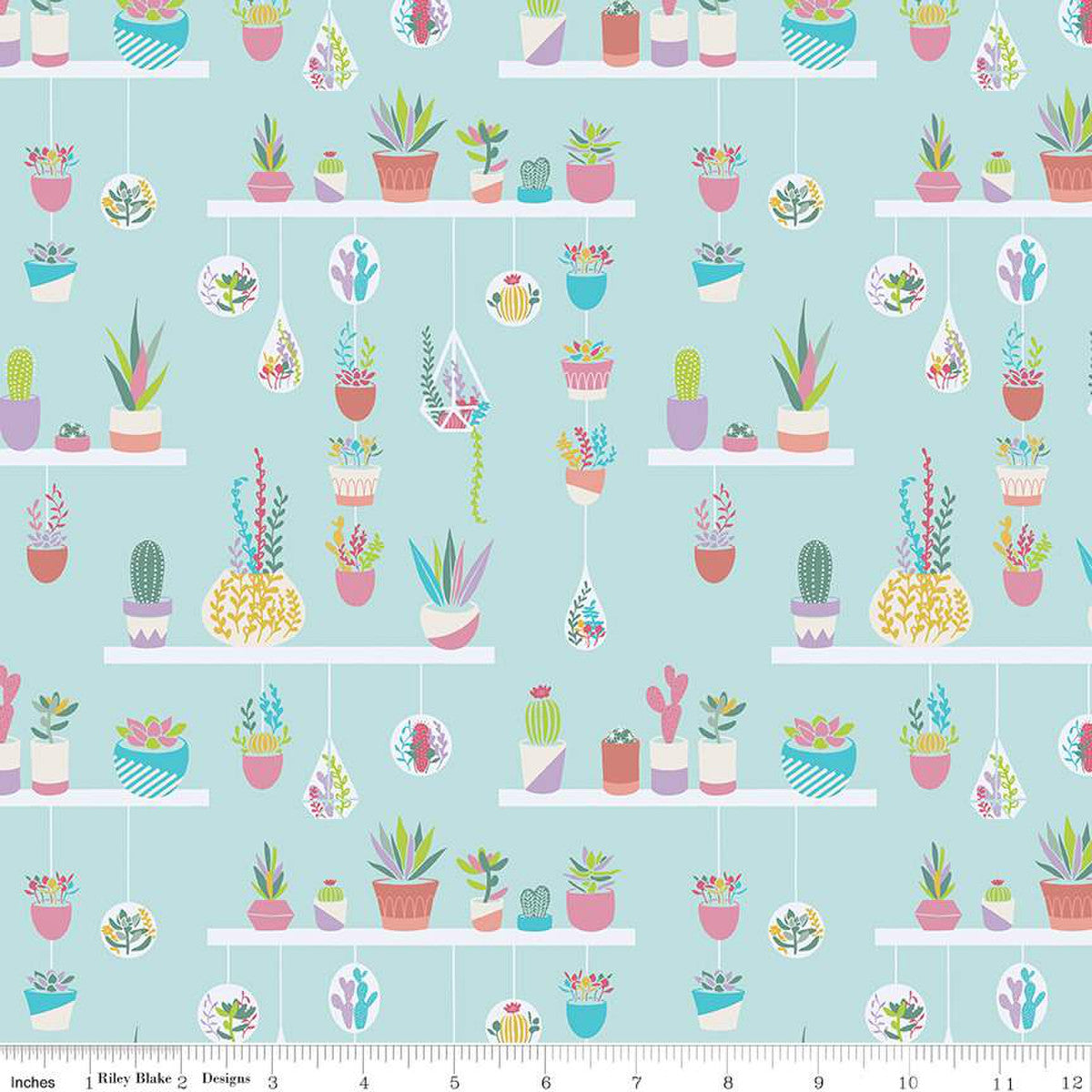 Succulents and cactus on blue cotton fabric - Arid Oasis - Riley Blake