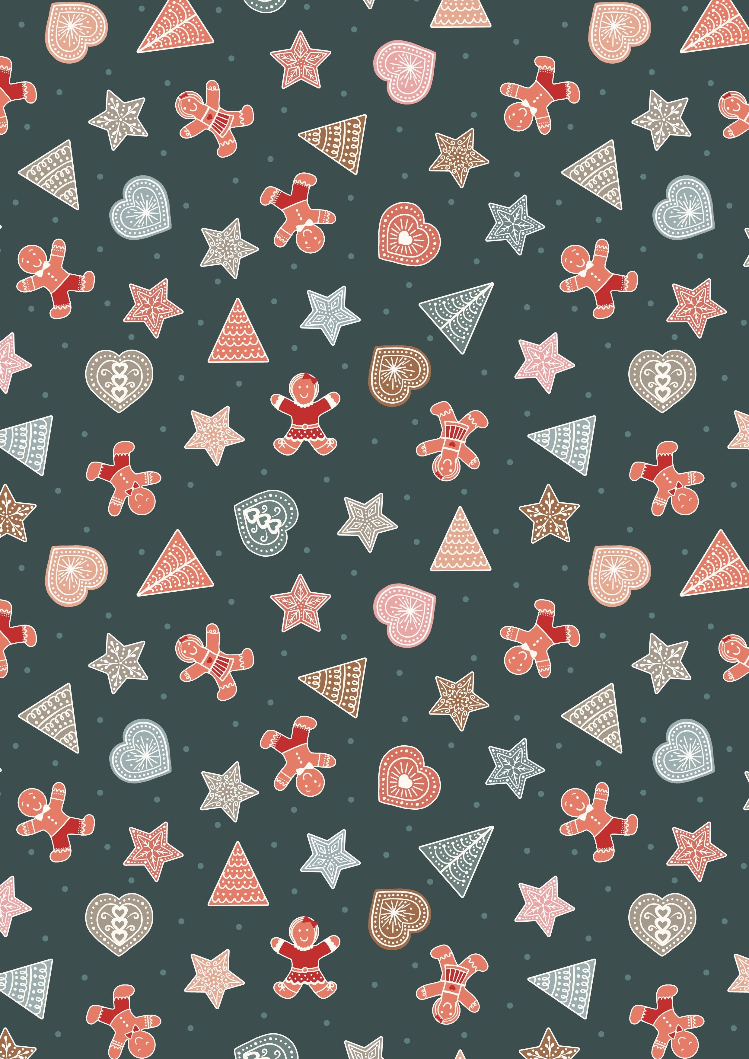 Gingerbread biscuits of assorted shapes on a dark grey cotton fabric - gingerbread Season by Lewis and Irene