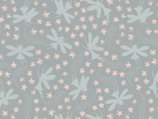 Fabric Fairies on grey floral cotton fabric - Fairy Clocks by Lewis & Irene