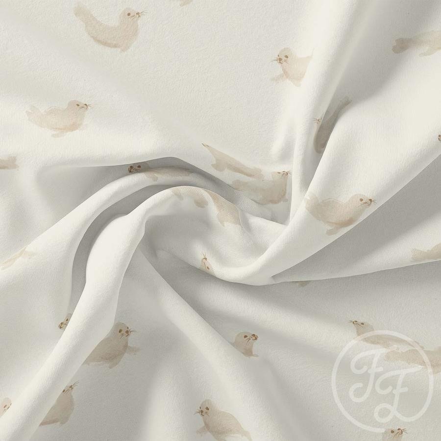 Fabric Family Fabrics seals on white organic cotton jersey