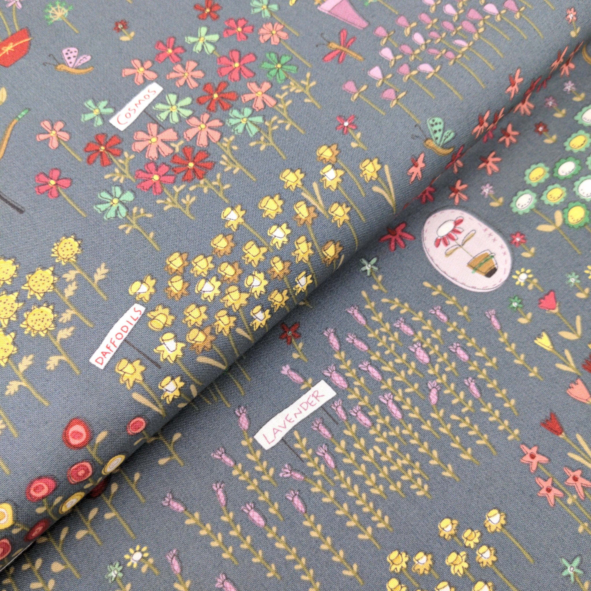 Fabric Floral garden on grey cotton fabric - Market Garden - Henry Glass