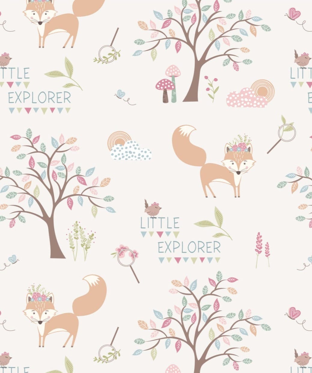 Fabric Floral Rabbit Wreath on White cotton fabric - 'Little Explorer'  Craft Cotton Co.