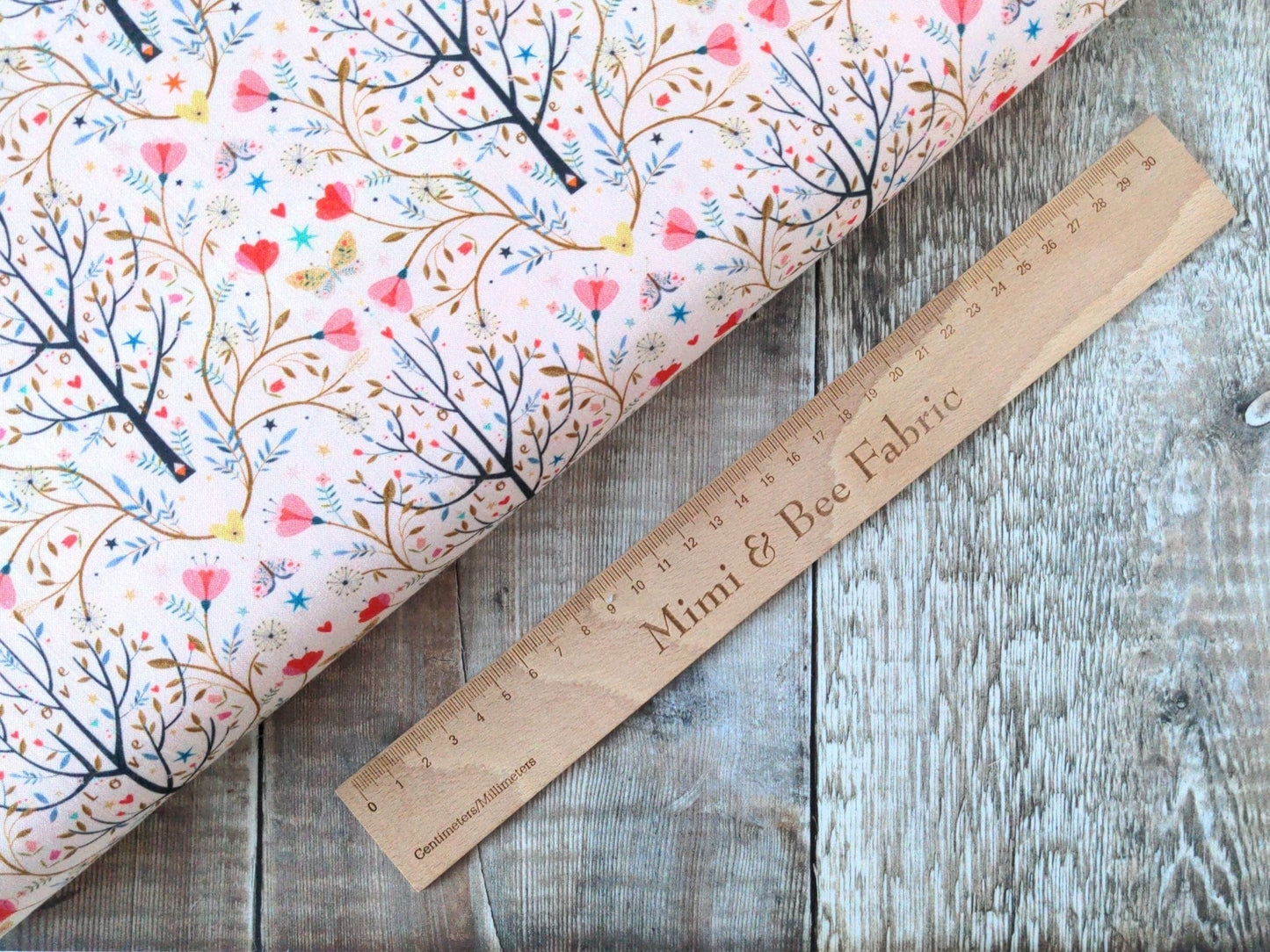Fabric Floral Trees and butterflies on pale pink cotton fabric  - 'Tree Of Life' Dashwood Studio