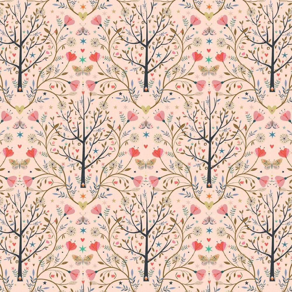 Fabric Floral Trees and butterflies on pale pink cotton fabric  - 'Tree Of Life' Dashwood Studio