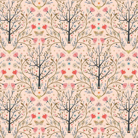 Fabric Floral Trees and butterflies on pale pink cotton fabric  - 'Tree Of Life' Dashwood Studio