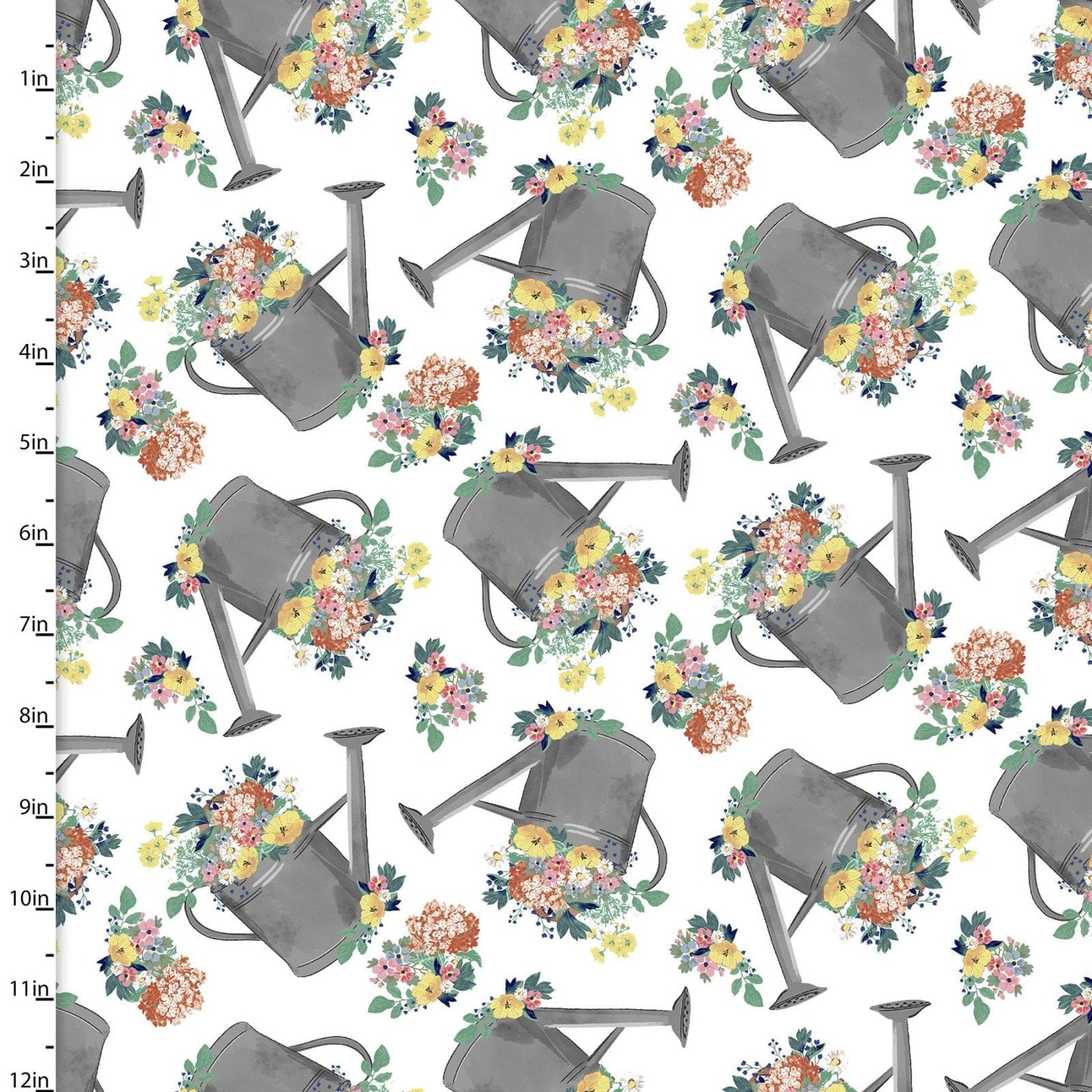 Fabric Floral watering can on white cotton fabric - Flower Junction - 3 Wishes