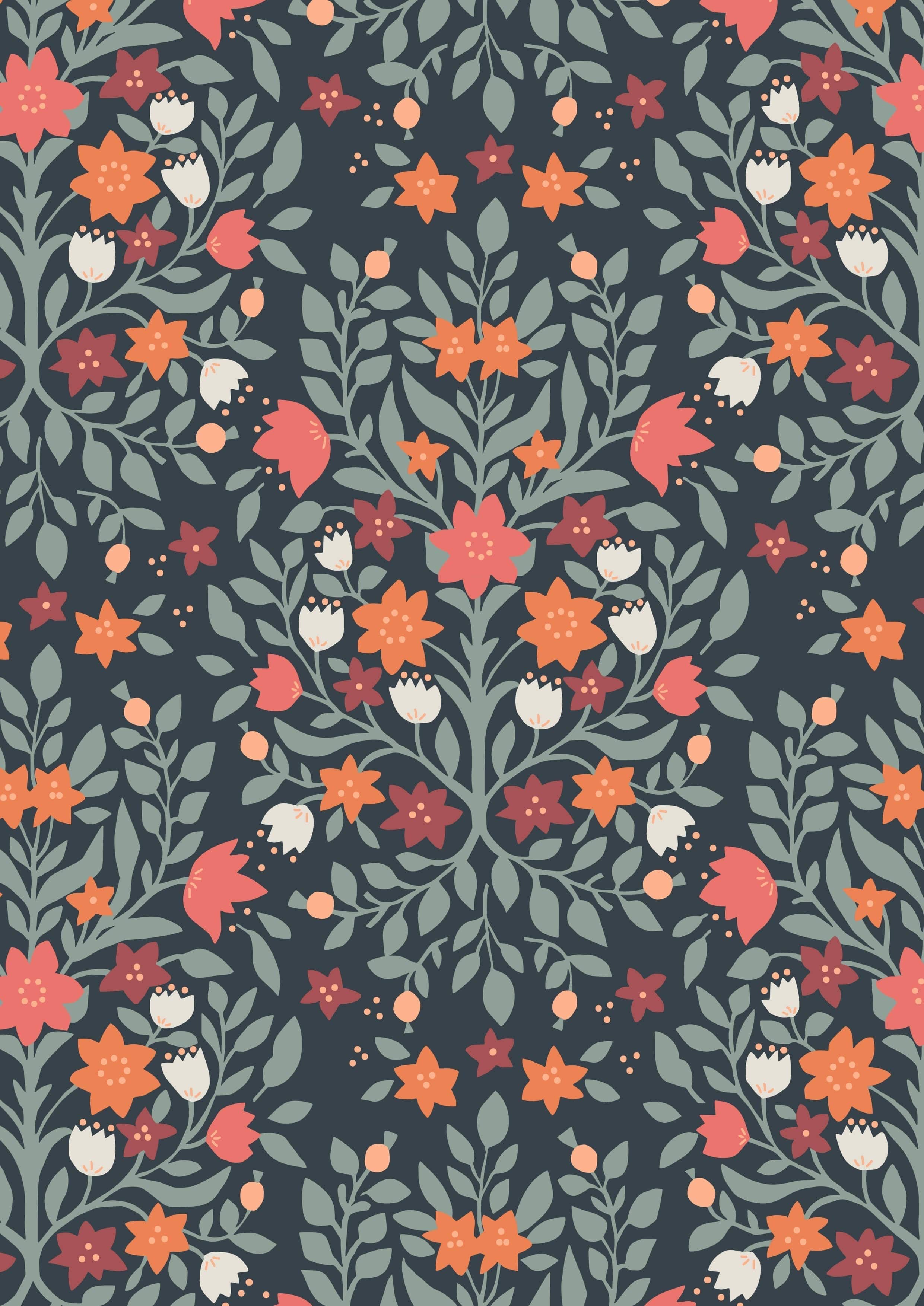 Fabric Flowers on Coral cotton fabric - Folk Floral by Lewis & Irene