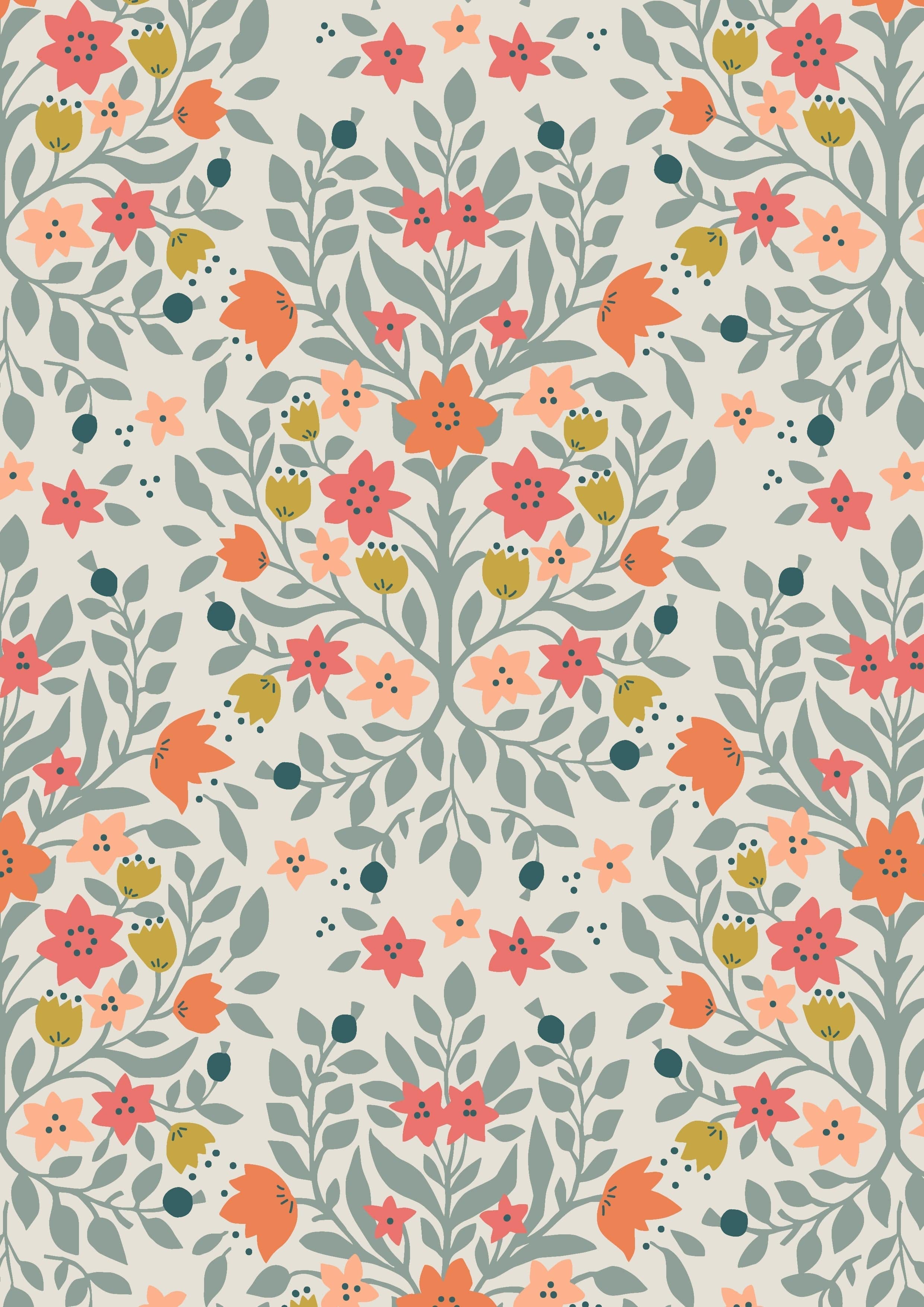 Fabric Flowers on Coral cotton fabric - Folk Floral by Lewis & Irene