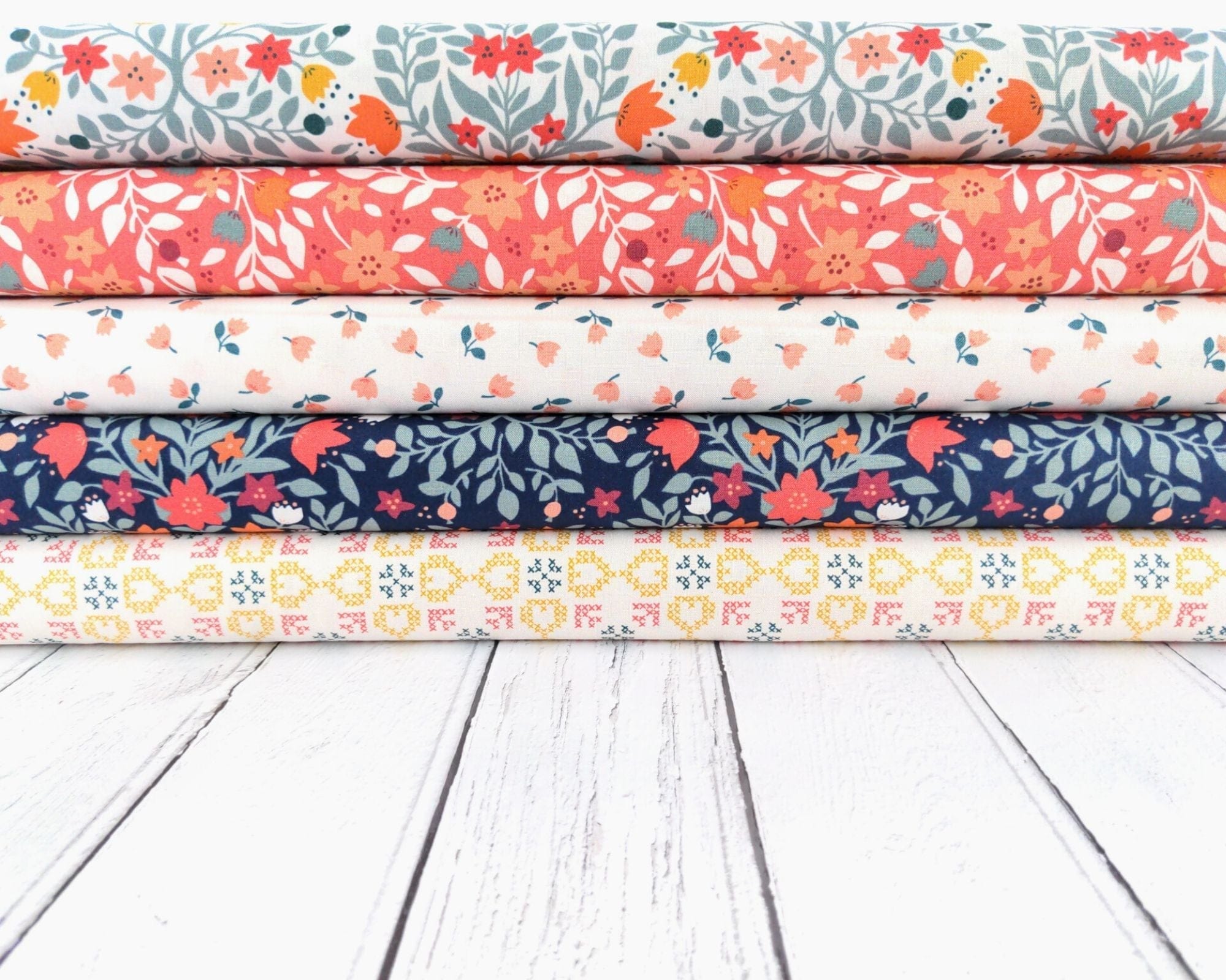 Fabric Flowers on Coral cotton fabric - Folk Floral by Lewis & Irene