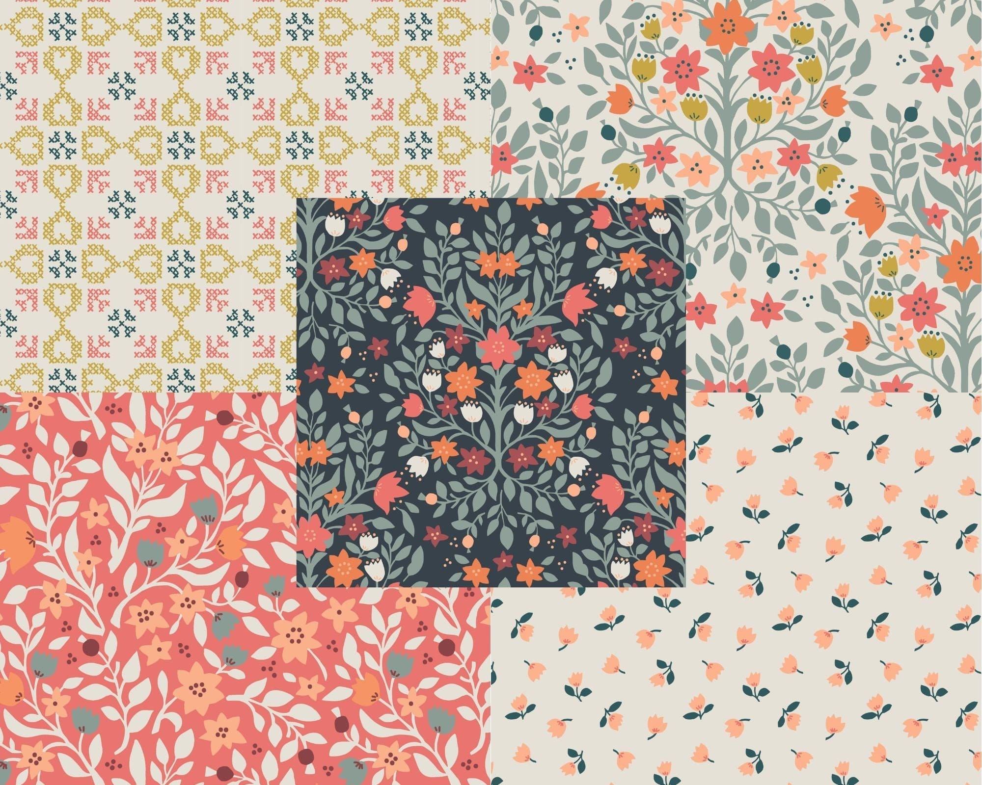 Fabric Flowers on Coral cotton fabric - Folk Floral by Lewis & Irene