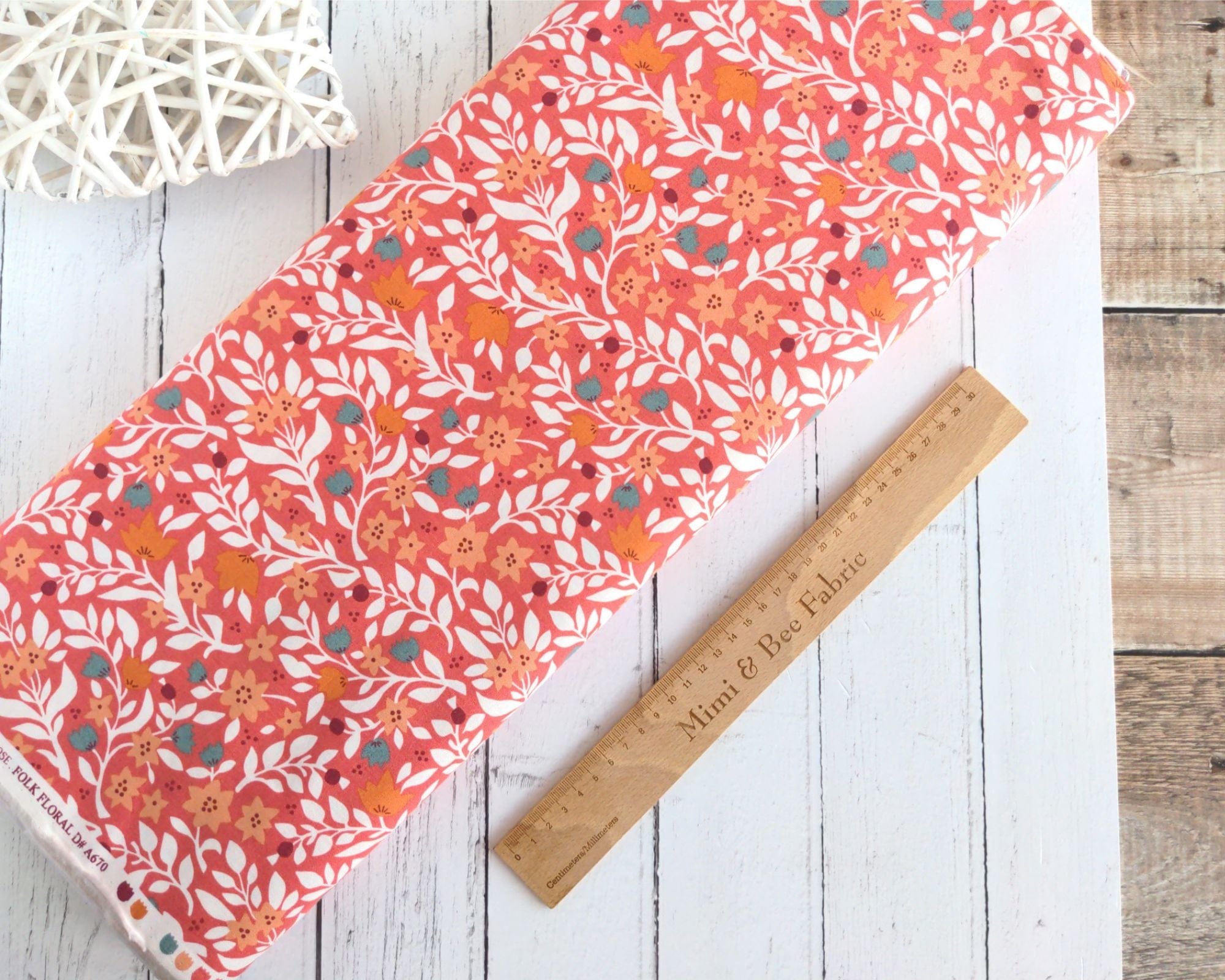 Fabric Flowers on Coral cotton fabric - Folk Floral by Lewis & Irene