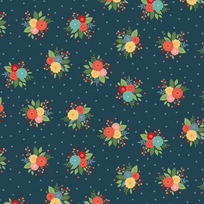 Fabric Flowers on Navy Blue polka dots cotton fabric - 'Amelia' Makower