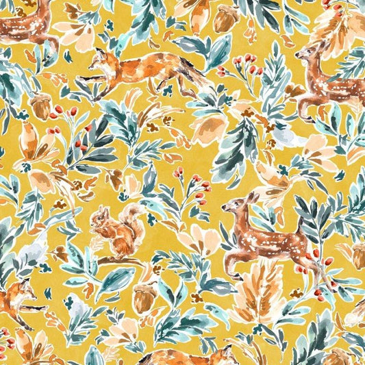 Fabric Forest animals and foliage on yellow cotton fabric - Into the wild by Dashwood Studio