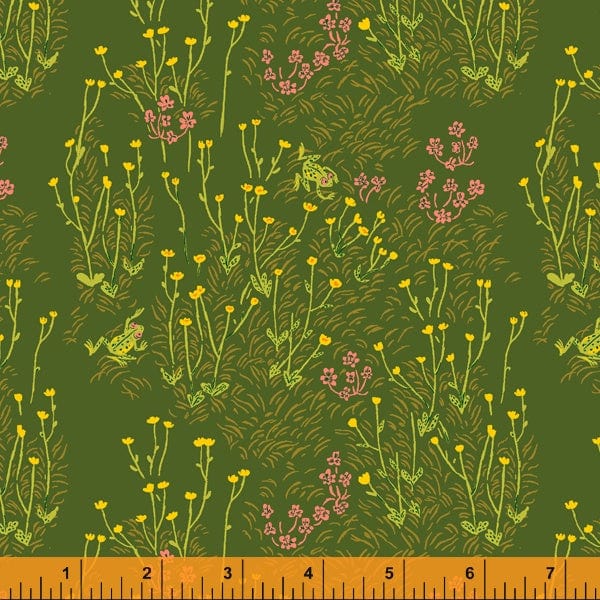 Fabric Forest green flowers and frogs cotton fabric - 'West Hill' Windham Fabrics