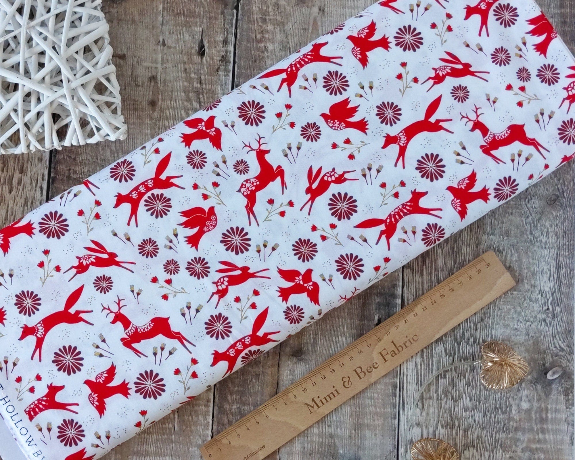 Fabric Forest scandi woodland animals on red cotton fabric - Starlit Hollow - Dashwood Studio