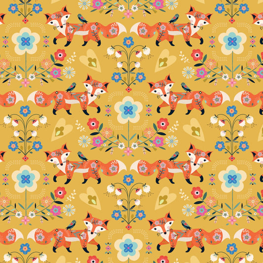 Foxes on yellow cotton fabric - Animal Magic - Dashwood Studio