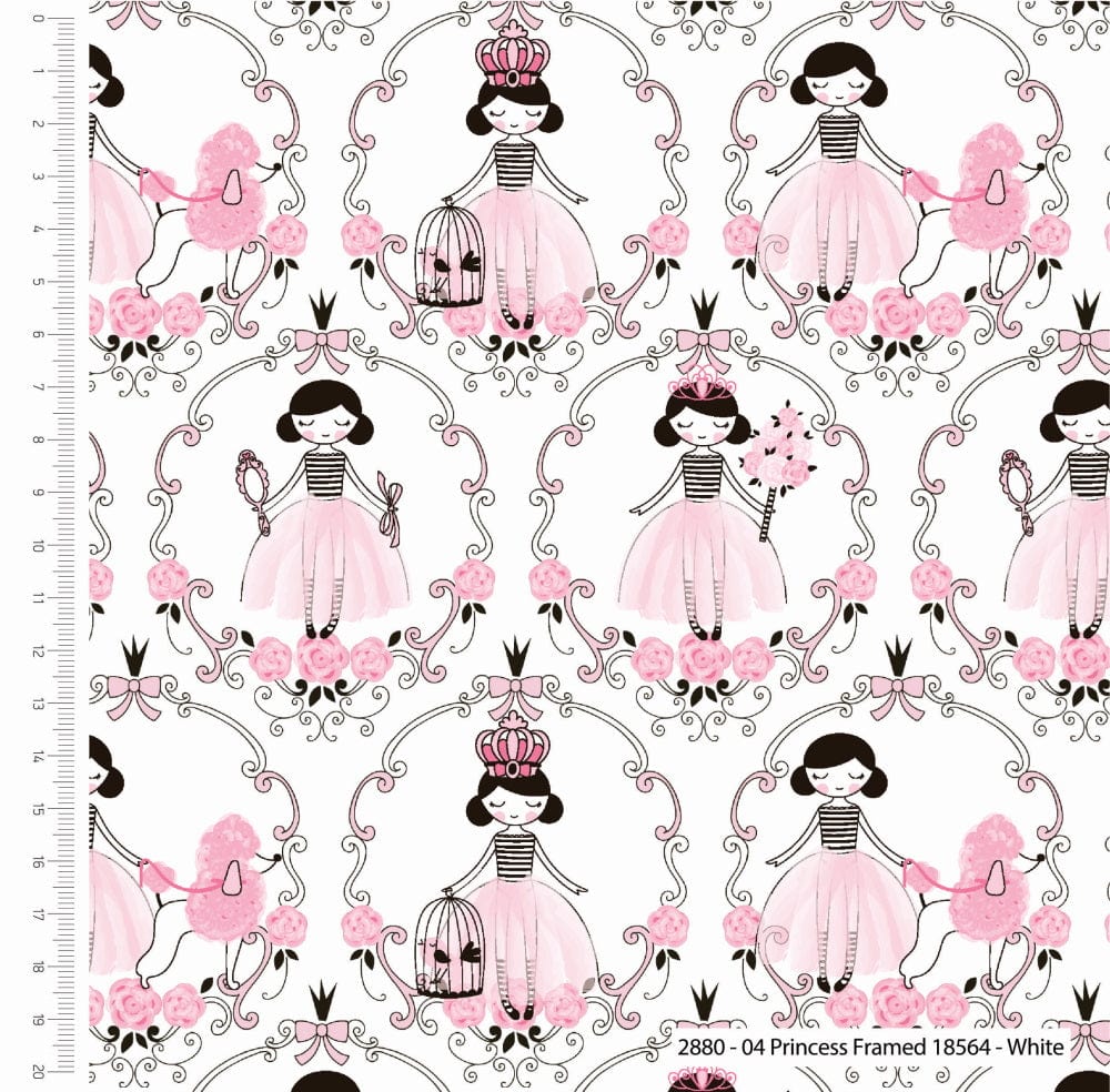 Fabric Framed Princess Poodle on White cotton fabric - Craft Cotton Co