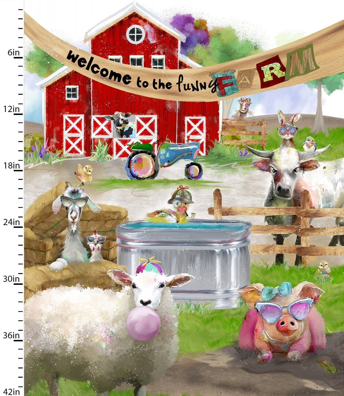 Fabric Funny Farm Animals Panel cotton fabric - 3 Wishes