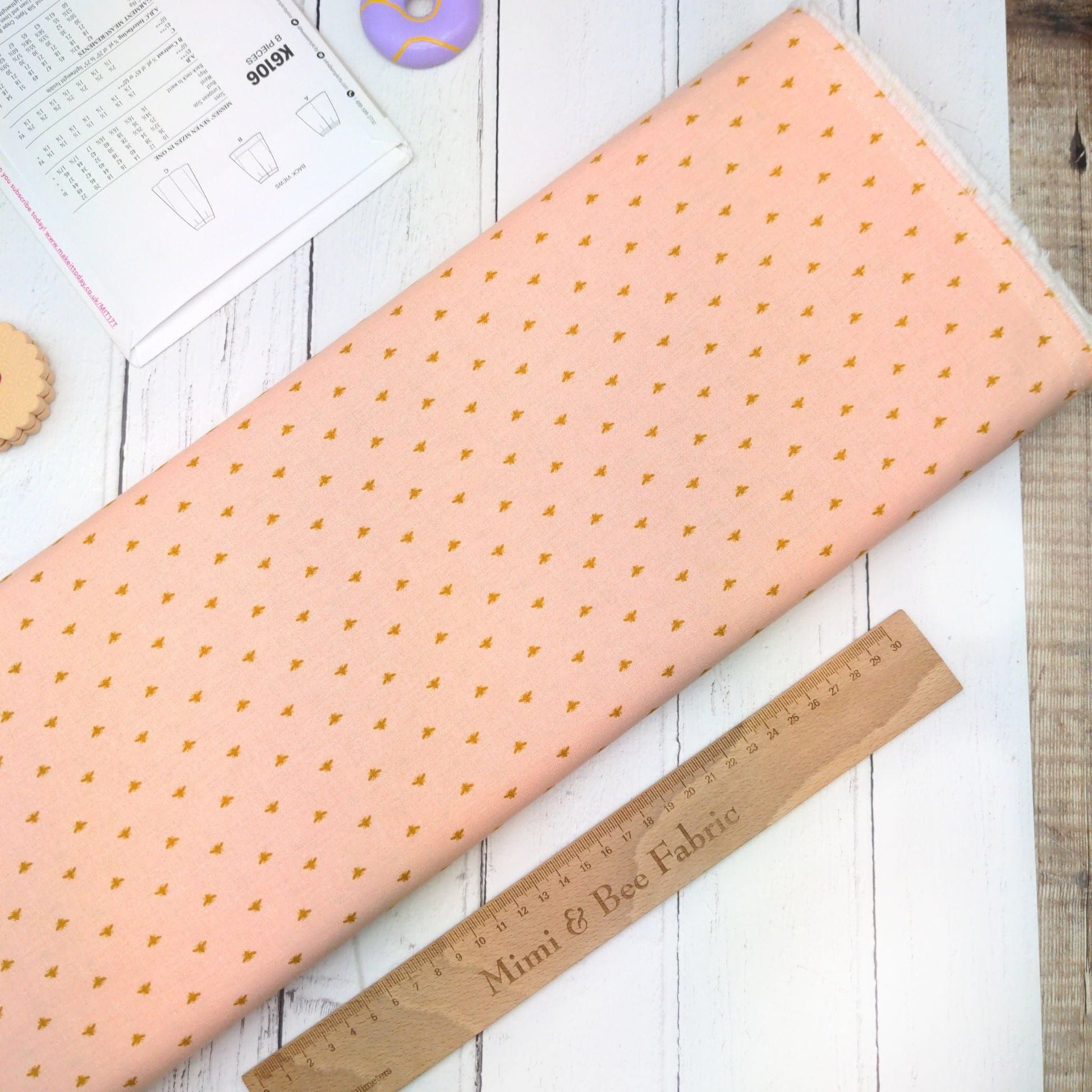 Fabric Gold Bees on peach cotton fabric - Summer Picnic - Riley Blake