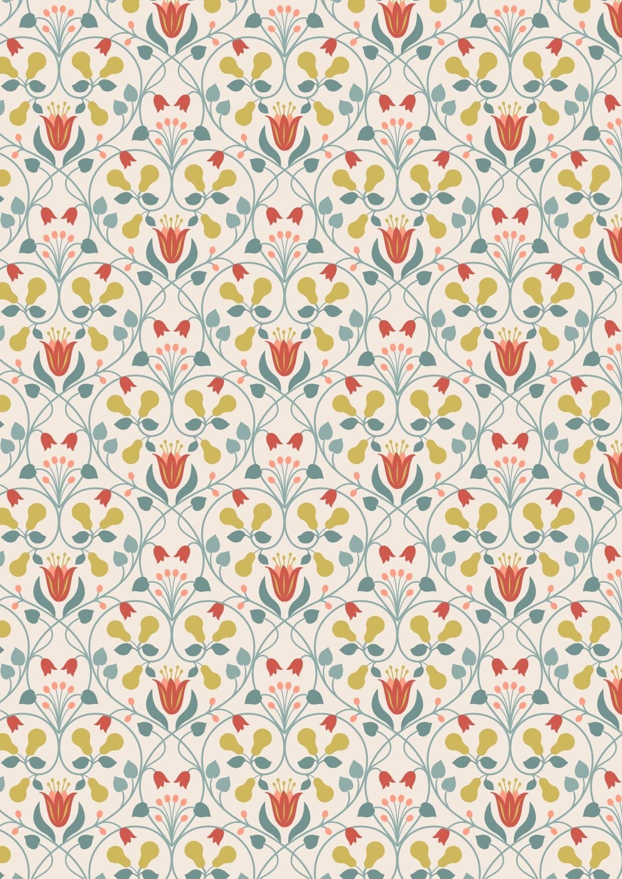 Fabric Gold Metallic Pears and Flowers on Cream 100% cotton fabric - Wintertide by Lewis & Irene