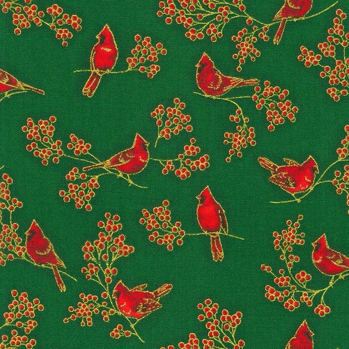 Fabric Gold Winter holly on dark green cotton fabric - Robert Kaufman