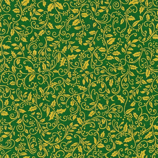 Fabric Gold Winter holly on dark green cotton fabric - Robert Kaufman