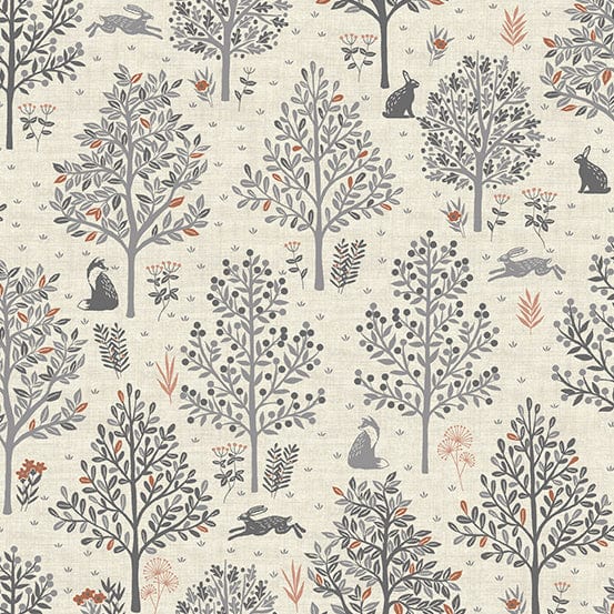 Fabric Grey hares on cream cotton fabric - Hedgerow by Makower