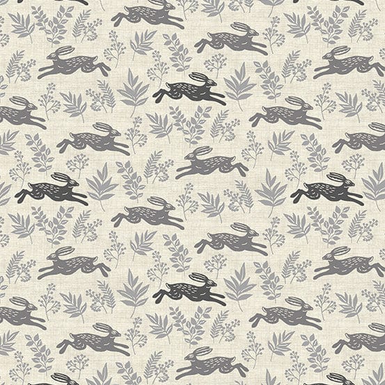 Fabric Grey hares on cream cotton fabric - Hedgerow by Makower