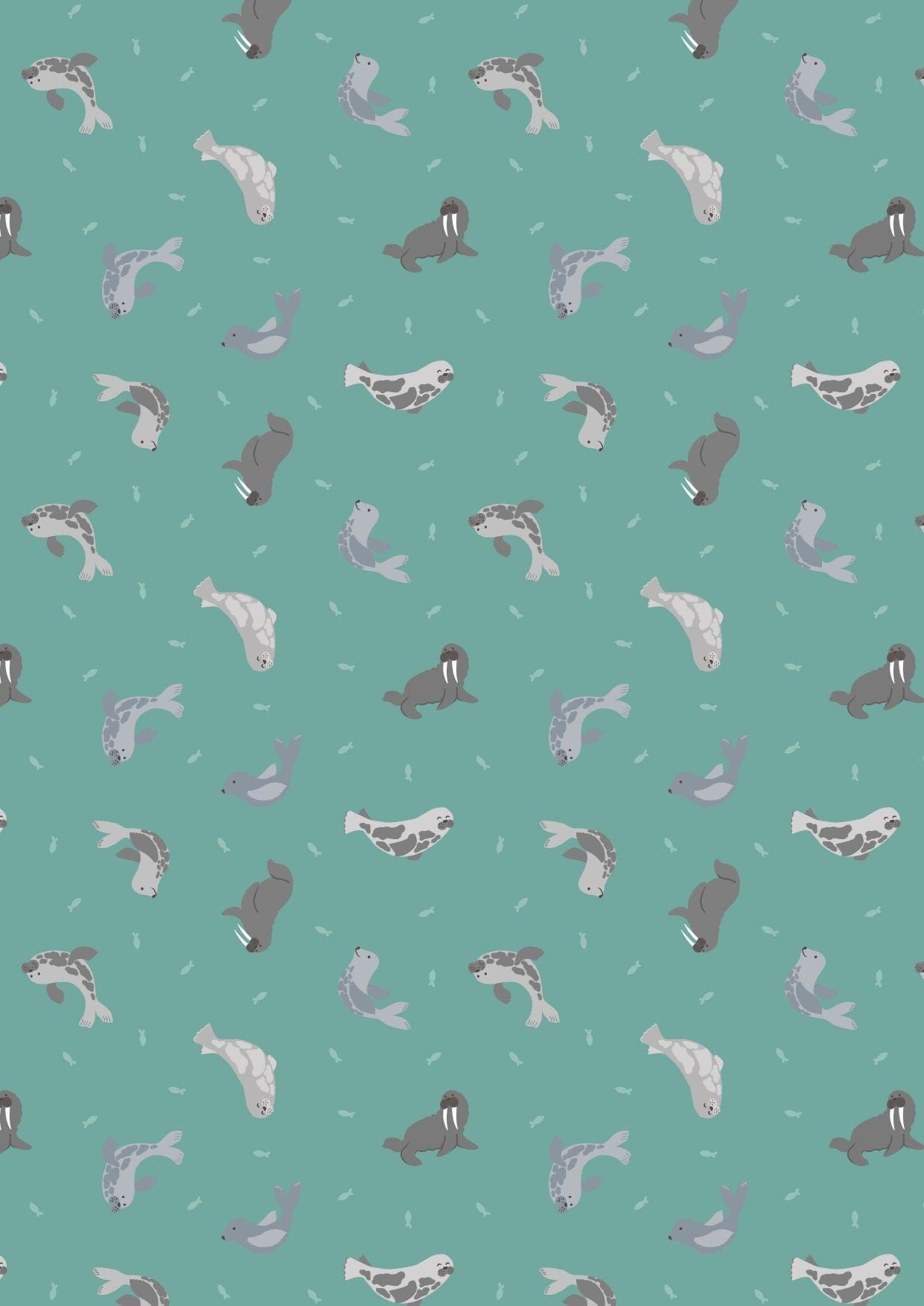 Fabric Grey Seals on green cotton fabric - Polar Animals by Lewis & Irene