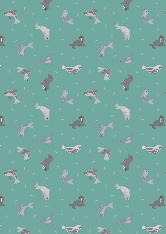 Fabric Grey Seals on green cotton fabric - Polar Animals by Lewis & Irene