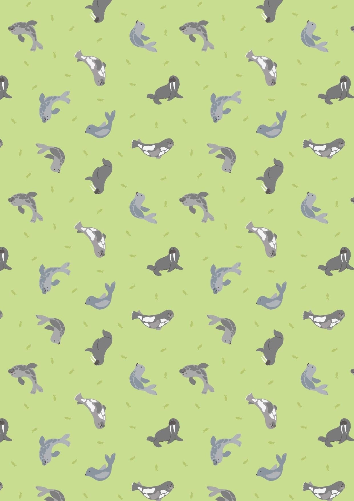 Fabric Grey Seals on lime green cotton fabric - Polar Animals by Lewis & Irene