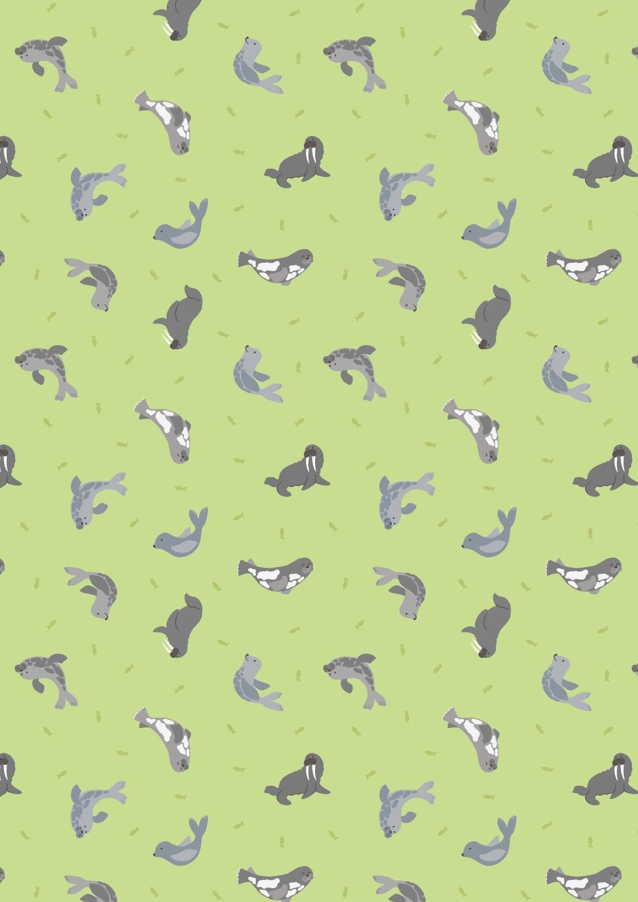Fabric Grey Seals on lime green cotton fabric - Polar Animals by Lewis & Irene