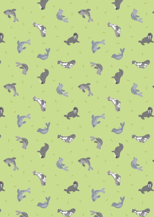 Fabric Grey Seals on lime green cotton fabric - Polar Animals by Lewis & Irene