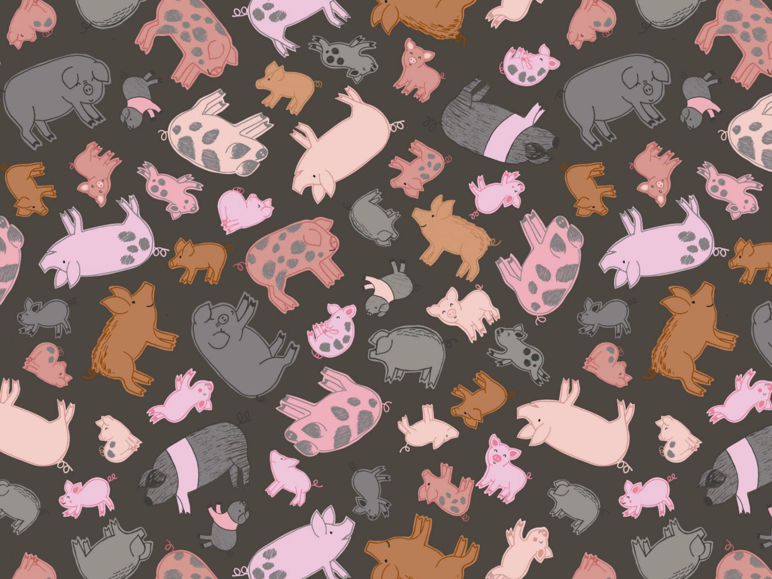 Fabric Half Metre - Pigs on brown cotton fabric by Lewis & Irene - Piggy Tales