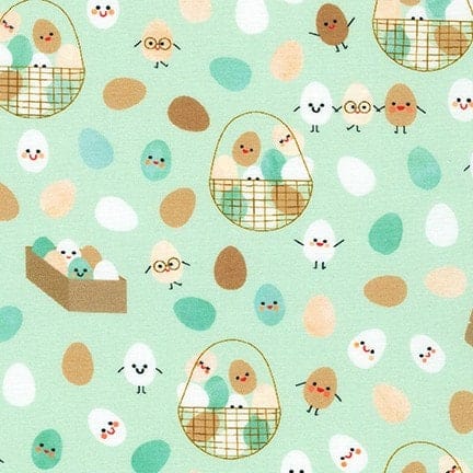 Fabric Happy Egg Basket on Light Green cotton fabric - Farm to Table by Robert Kaufman