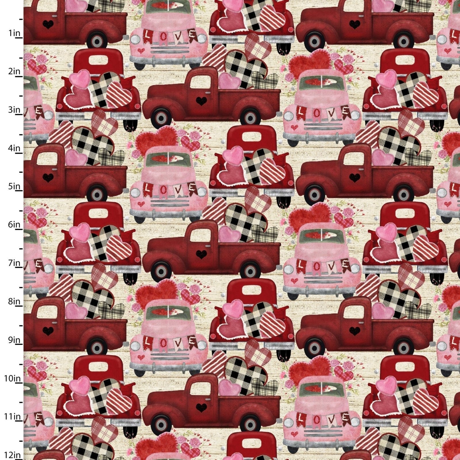 Fabric Hearts and trucks on cream cotton fabric- Hugs Kisses by 3 Wishes