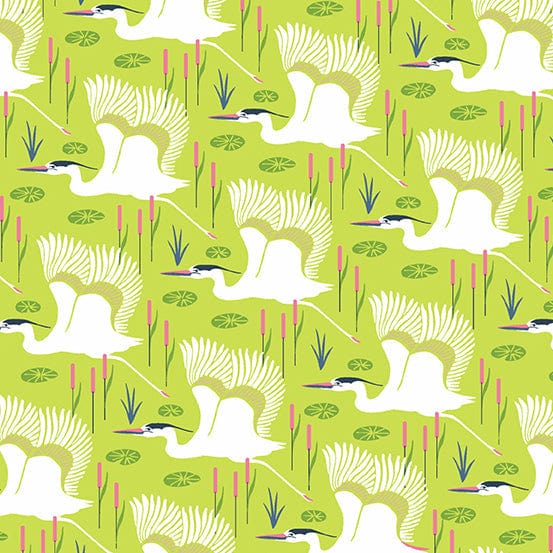 Fabric Herons on lime green cotton fabric - 'Flora and Fauna' Makower